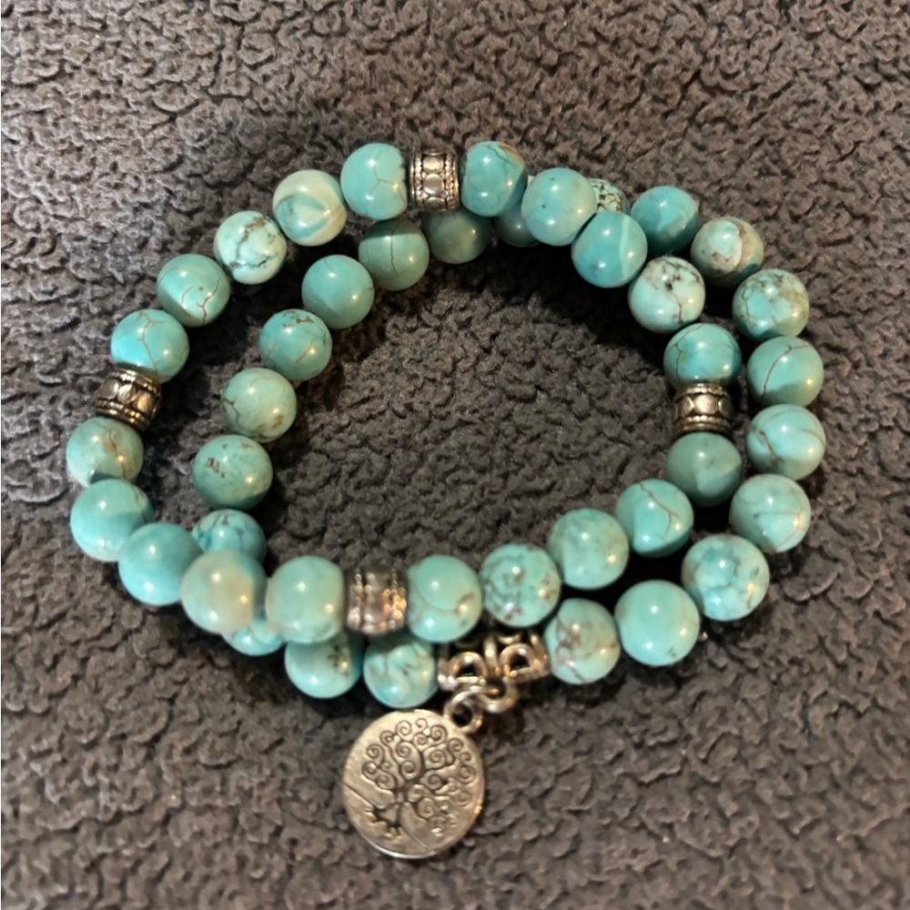 Turquoise Beaded Wrap Bracelet with Tree of Life Charm